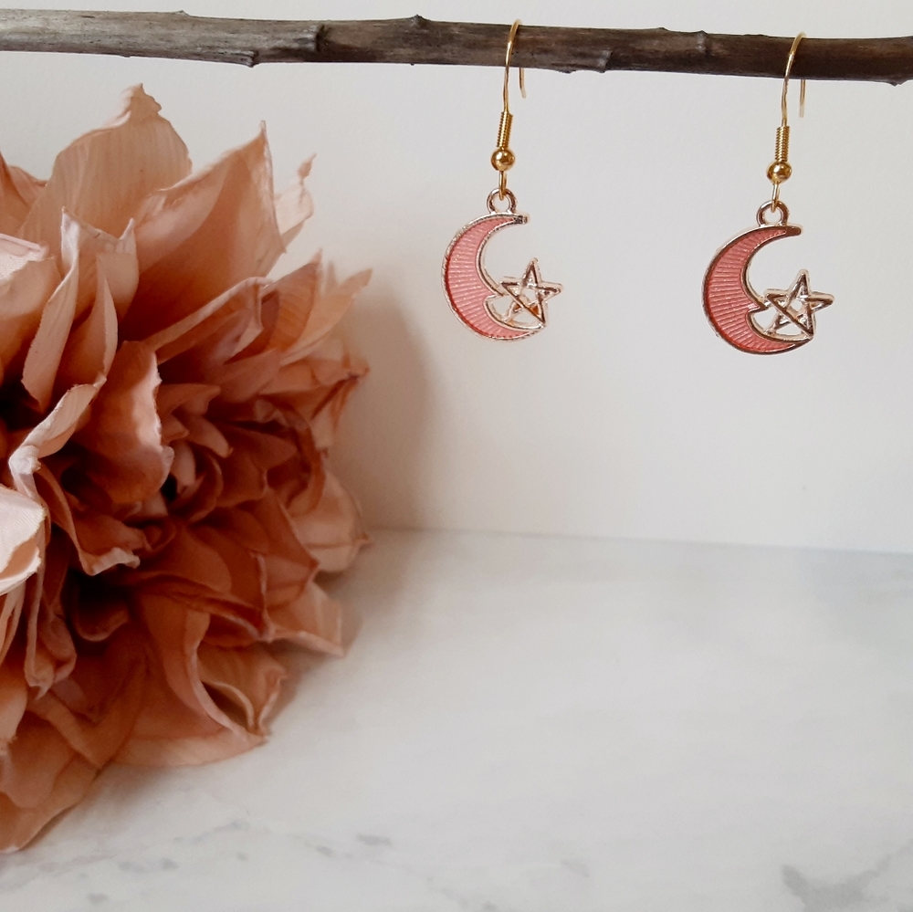 Pink Enamel Moon and Star Earrings